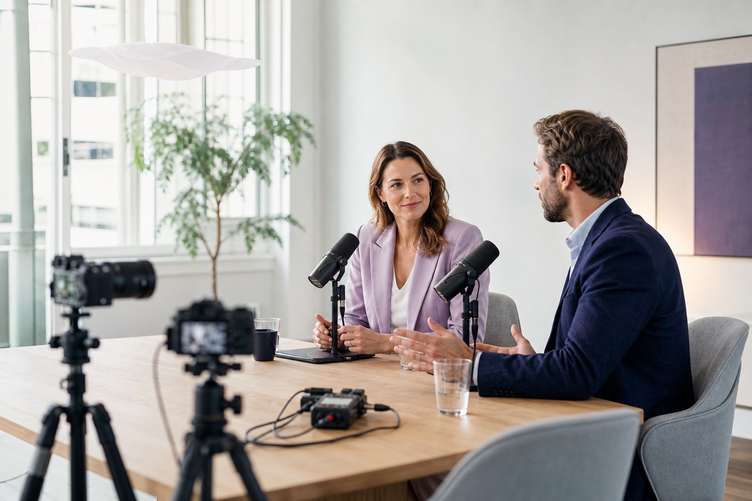 Zakelijke vergaderruimte die is ingericht voor een professionele videopodcastopname
