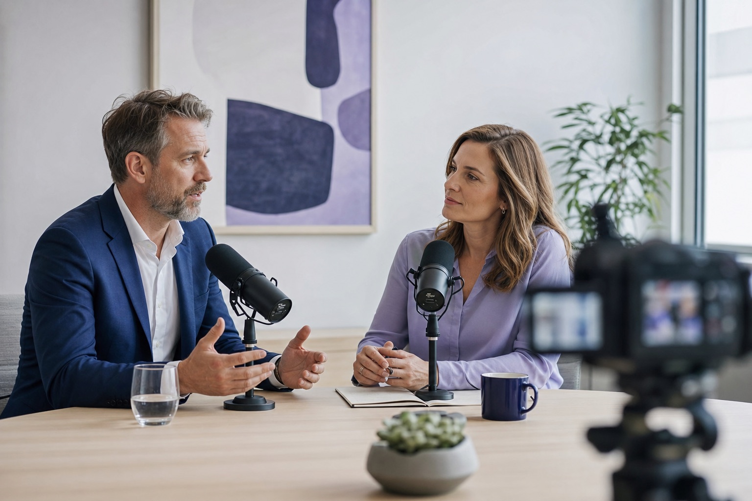 Twee mensen in gesprek met microfoons en camera tijdens een videopodcastopname